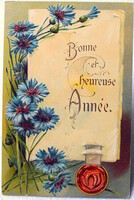 Antik  dombornyomott Újévi üdvözlő litho képeslap - szegfű