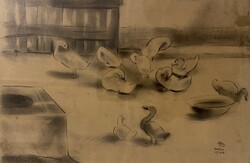 Ducsay Béla: Mari néni kacsái - szén, papír