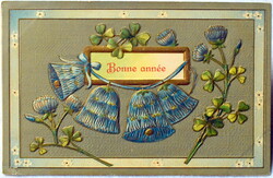 Antik dombornyomott litho  Újévi képeslap - harangok, 4levelű lóhere   1909