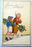 Art deco újévi üdvözlő litho képeslap - gyerekek ,  fagyöngy  aranyszín felülnyomás