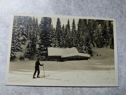 Ausztria,Havas táj, Síelő férfi, Alpenrosehütte , Sauwand, Hegyi menedékház, bélyegezve 1929