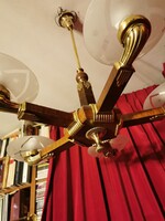 Antik réz+fa ART DECO ,5 karos csillár,metszett art decó üvegbúrákkal eladó. Leárazás!!
