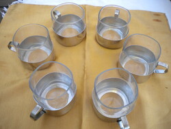 6 üveg pohár, csésze inox tartóval teás kávés
