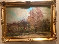 Ősz Dénes: Falusi utca blondel keretben, olajfestmény