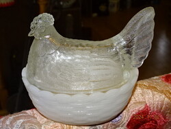 ANTIK NAGYMÉRETŰ  ÜVEG KOTLÓS TYÚK FŰSZER TARTÓ SÓTARTÓ CUKORTARTÓ BONBONIER