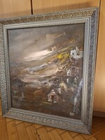 Babos László: "Falu a hegyekben", 1989, festmény, olaj, farost, 60x54 cm+üvegezett, szép keret