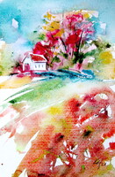 House alone at fall -  watercolor painting - Magányos ház az őszben akvarell festmény