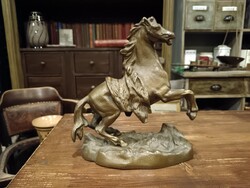 Bronz szobor, Ágaskodó ló szobor, 20. század közepei öntés, szép patinás bronz szobor