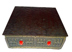 1970'S Képcsarnok -RÉZ- BRUTALISTA KŐBERAKÁSOS  LIGNIFER díszdoboz 10 x 10 x 3 cm a képek szerint