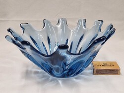 Különleges formájú régi kékes színű vastag falú dísz üveg kínáló hibátlan állapotban 23 cm. átmérőjű