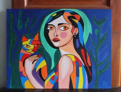 Nő cicával festmény