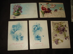 5 antik litho üdvözlőlap, közte art nouveau