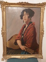 Márk Lajos (1867-1942): Nő gitárral olajfestmény