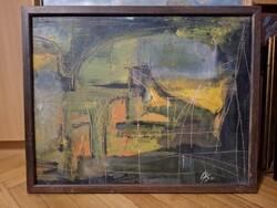 Festmény, absztrakt, olaj, falap, 64x50 cm+keret, szignós