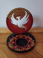 Mécsestartó árnyéklámpa Főnix-szel fekete fa alapon piros, narancs és arany mandala kézzel festett