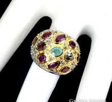 57 es Egyedi Valodi Szines Zafir Smaragd Tanzanit Ötvös munka 925 Ezust 14K Gyuru