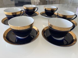 Kobaltkék orosz porcelán teás készlet arany szegéllyel, Lomonosov Porcelángyár