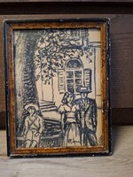 Rónai szignós tusrajz, 23x17 cm+keret
