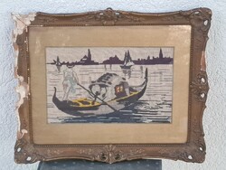 Velencei gondolás csónakos romantikus téma antik vintage gobelin aranypaszpartuval átkeretezésre vár