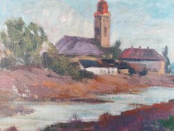 Maticska Jenő - Zazar part a református templommal - nagybányai festmény