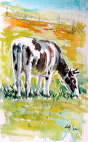 Cow on the meadow -  watercolor painting - Tehén a mezőn-  akvarell festmény