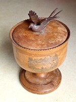 Antik 130 Éves Német Emlék Fa Kupa Korsó Bronz Madár Dísszel Olmütz, Marienbad, Kremsier