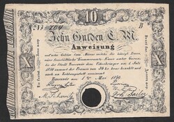10 gulden / forint 1849 Temesvár VF beváltott/ lyukasztással érvénytelenített