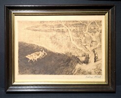 Szőnyi István: Tavasz a Dunán (rézkarc keretben) Vízparti életkép tehenekkel, paraszti élet