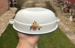 Szép megkímélt állapotú 20 cm Bonyhádi Zománcos  zománcozott virágos tál pogácsás