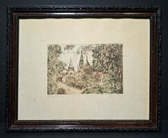 Blahos Rudolf: Mátyás templom (rézkarc fekete keretben) Budapest, Halászbástya, Budai Vár