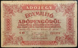 1 000 000 (Egymillió) Adópengő 1946 FINE P-140 fordított címer "amelyeknél"