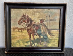 Viski János 1891-1987 festmény Csikós  , képeken látható állapotban A régi antik népies