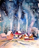 Frozen village-  watercolor painting - Fagyott falu-  akvarell festmény