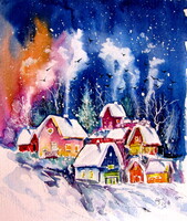 Frozen village II-  watercolor painting - Fagyott falu II-  akvarell festmény