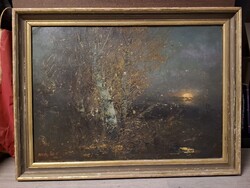 Zeller Mihály festmény, 1908, olaj, karton, esti táj, 70x49 cm+ keret