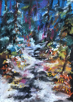 Tél a hegyekben. art by Konrad Biro. Pasztellfestmény  pasztellpapíron. Egy hét-egy esély.