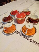 Retro art deco, színes, aranyozott hollóházi porcelán kávés / mokkás csésze  készlet - 6 szett