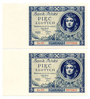 Lengyelország 5 Zloty Bankjegy 1930 P72a sorszámkövető pár