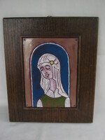 Tűzzománc jelzett fali dísz kép lány