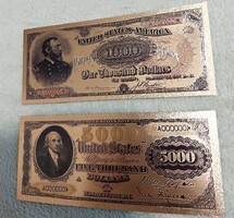 24kr aranyfóliás 2db 1861 USA Dollárok, plasztik bankjegyek GOLD, arannyal bevont, aranyozott