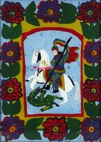 1Y021 Antik erdélyi üveg ikon : Sárkányölő Szent György