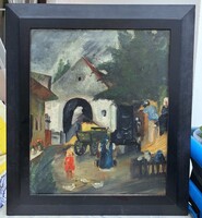 AKCIÓ! Falusi jelenet, 1930-as évek (olaj, vászon) Uj Szalon címkével, jelzés nélkül - keretezett