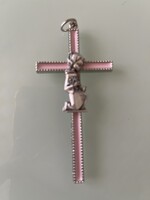 Nagyon szép rózsaszin zománccal díszített fém kereszt, jelzett.