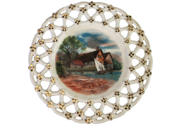 Antik Zsolnay áttört peremű aranyozott dísztányér - Vízparti ház kis vitorlással - 7415- ös sorozat