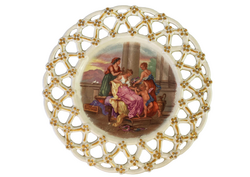 Antik Zsolnay áttört peremű dísztányér - Historizáló jelenettel - 7415- ös sorozat