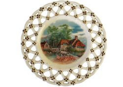 Antik Zsolnay áttört peremű aranyozott dísztányér - Vízparti ház csónakkal - 7415- ös sorozat
