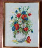 Keretezett falikép gobelin hímzéssel, virágcsokor