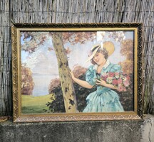 Antik festmény Illencz Lipót , Fiatal  kalapos Hölgy a vízparton , Viràg szedő làny