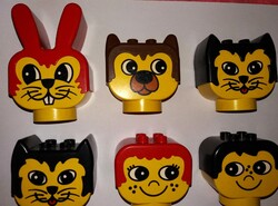 Retro LEGO DUPLO figurafejek maci, nyuszi, 2db cica, fiú és lány szett 6 darab EGYBE a képek szerint