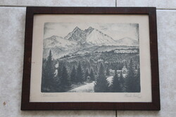 Bánk Ernő fekete fehér rézkarc - " Tátra Lomnic"